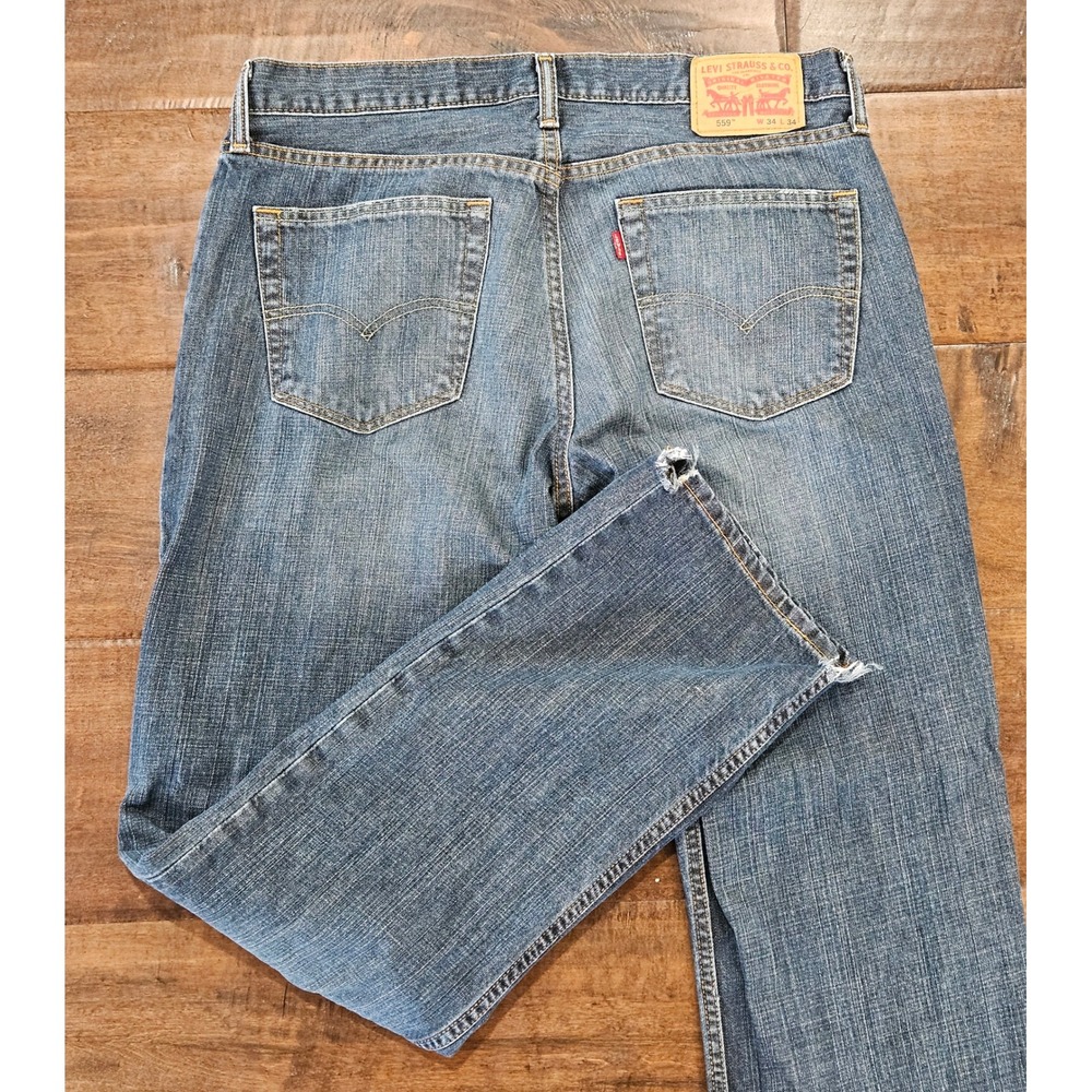 Levis 559 Western Relaxed Straight Jeans Mens 34x34‎ Medium Wash  Distressed